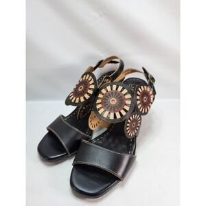 L'Artiste Pinwheel-B Sandals Womens 42 Black Multi Hand Painted Boho Block Heel